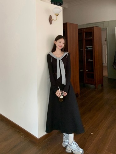 Real shot ~ New autumn style simple casual waist slimming contrast color long-sleeved hooded dress