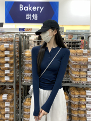 Actual shot of autumn Korean style slim fit button design, versatile pure cotton long-sleeved T-shirt bottoming top for women