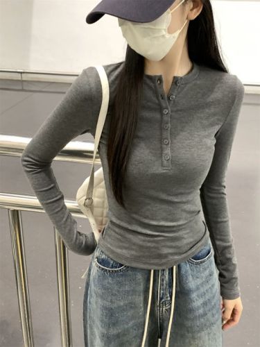 Actual shot of autumn Korean style slim fit button design, versatile pure cotton long-sleeved T-shirt bottoming top for women