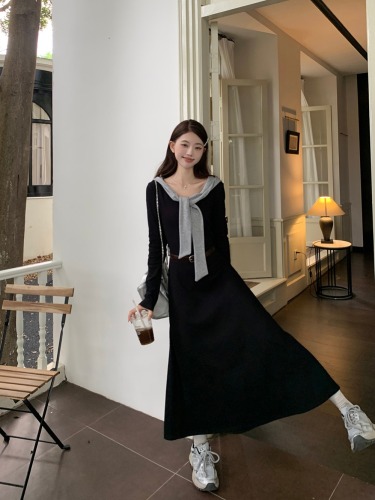 Real shot ~ New autumn style simple casual waist slimming contrast color long-sleeved hooded dress