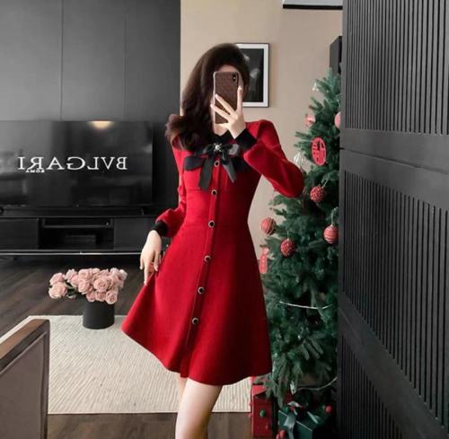 Autumn and winter round neck bow knitted dress, ladylike, high-end goddess style, waist-cinching sweater, bottoming A-line skirt