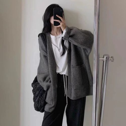 Lazy style gray sweater cardigan jacket for women autumn and winter new style high-end loose knitted top outer wear