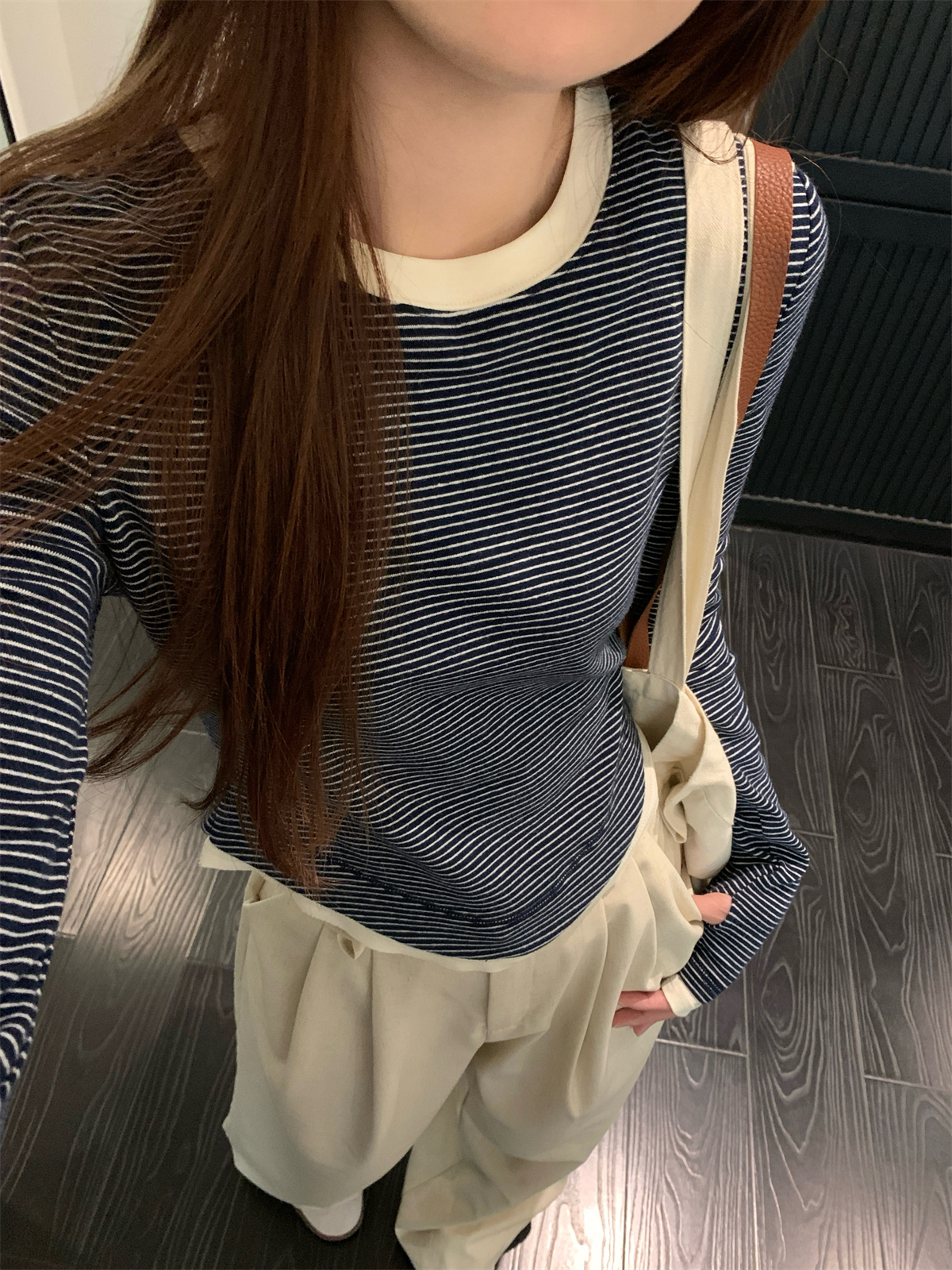 Real shot Autumn Korean style slim fit versatile contrast striped fake two-piece design pure cotton long-sleeved T-shirt tops for women