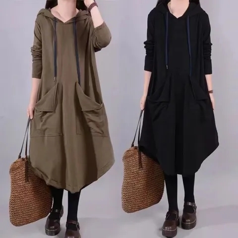 2024 Autumn New Plus Size Women's Loose Literary Long-Sleeve Large Pockets Knee-Length Cover-Belly Hooded Dress