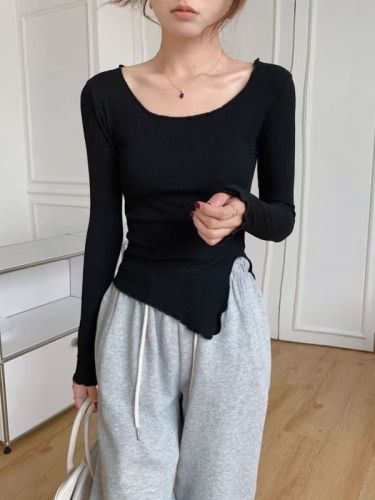 Pure lust-style low-necked high-waisted long-sleeved fungus high-waisted short design T-shirt top for women