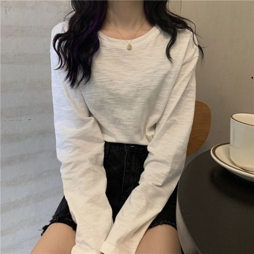 Real shot, real solid color clean version, loose, lazy and versatile long-sleeved bamboo cotton T-shirt top