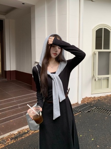 Real shot ~ New autumn style simple casual waist slimming contrast color long-sleeved hooded dress