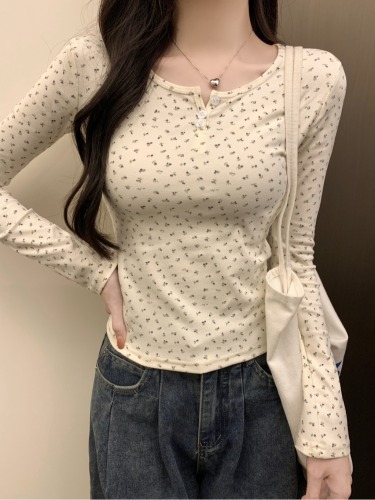 Actual shot of new large size 40 count pure cotton 92 cotton/8 spandex 2024 autumn long-sleeved T-shirt for women with floral buttons