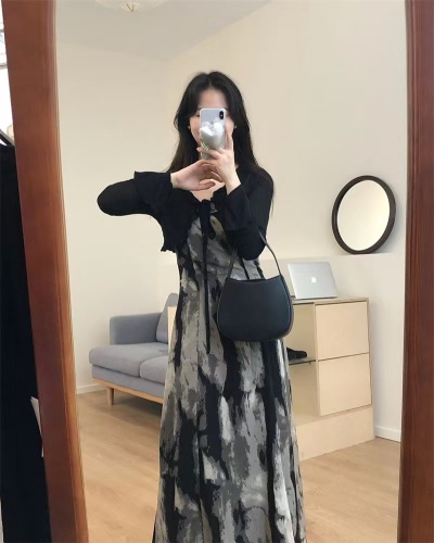 Designed ink tie-dye printed suspender dress women's new high-waist slim slimming temperament fashion long skirt