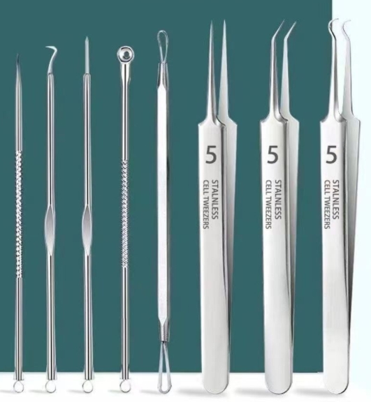 Stainless steel cell clip, acne clip, blackhead needle, acne needle, acne removal 8-piece set, No. 5 acne clip, beauty tool powder