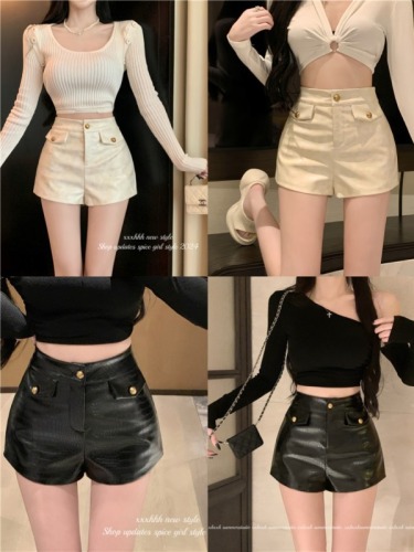 Real shot of autumn and winter new temperament socialite metal buckle washed leather slimming high waist shorts