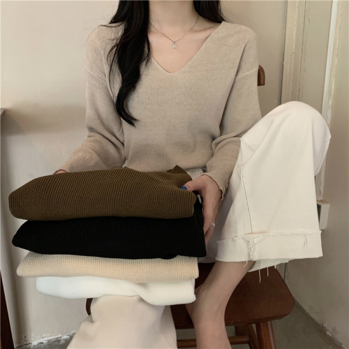 Photographed in Real Autumn Korean Loose V-Neck Long-Sleeve Knit Sweater for Women