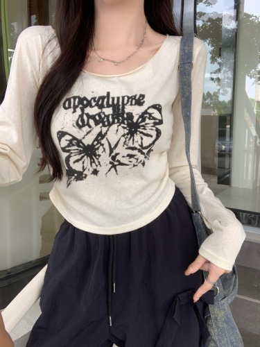 Actual shot of 2024 autumn long-sleeved T-shirt for women with micro-transparent printing