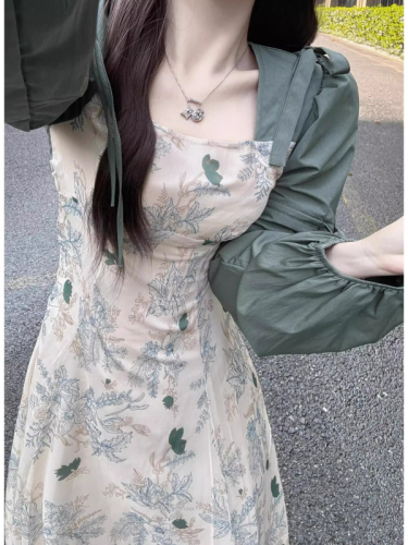 Wanjia quality French green floral long-sleeved dress for women spring and autumn 24 new style small early autumn long dress