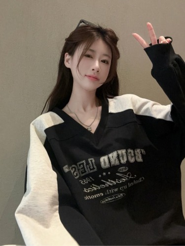 Actual shot ~ American retro jersey sweatshirt for women, new early autumn loose V-neck casual top