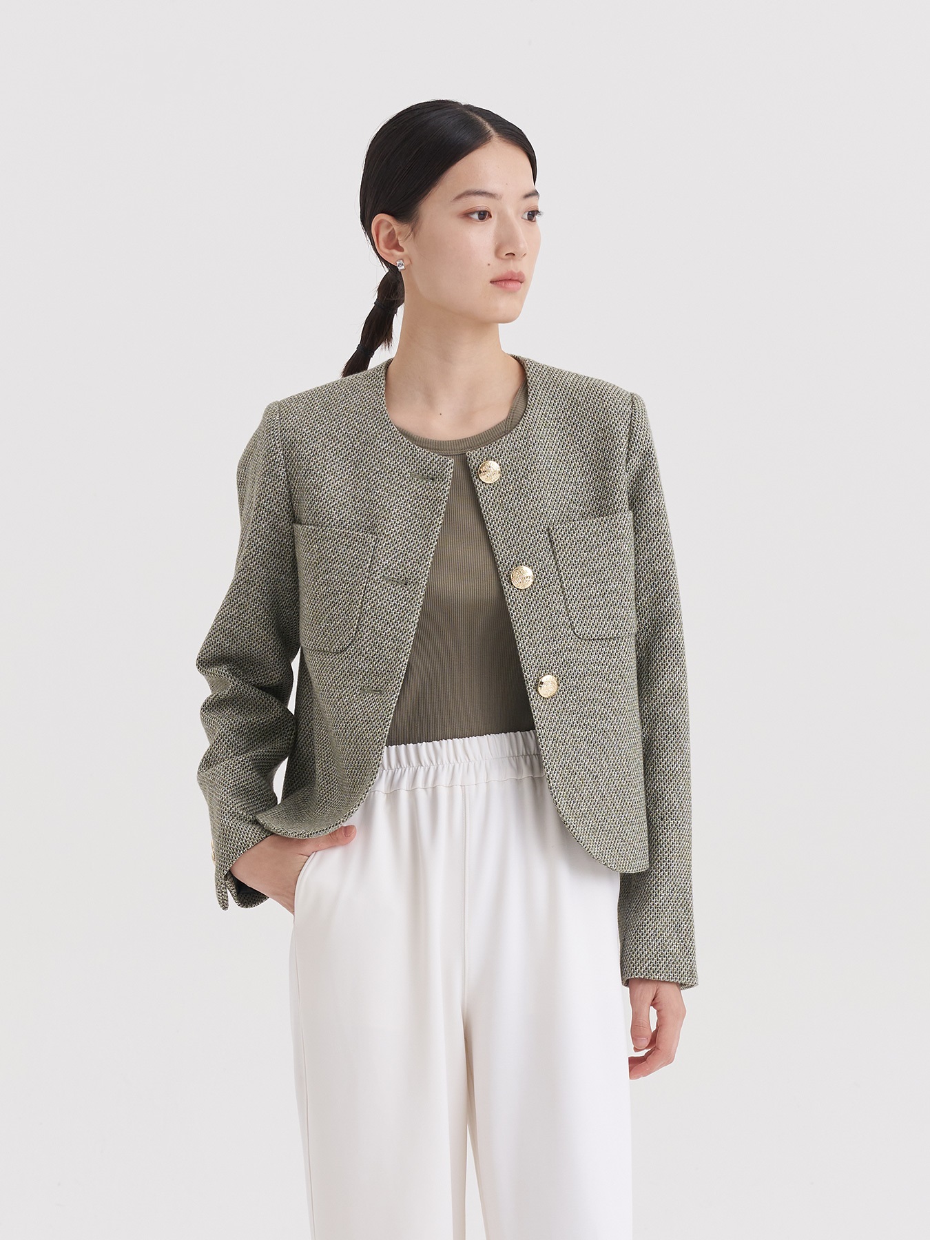 Green little fragrant coat French socialite 2024 spring and autumn new style short round neck design niche chic top