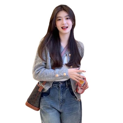 Early autumn new style gray lazy style soft waxy sweater cardigan suspender high-end retro denim three-piece set