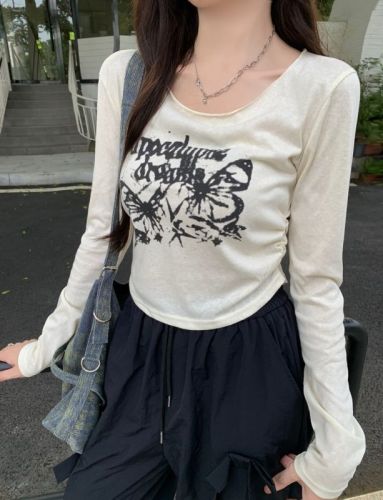 Actual shot of 2024 autumn long-sleeved T-shirt for women with micro-transparent printing