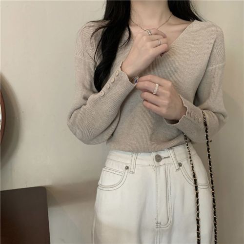 Photographed in Real Autumn Korean Loose V-Neck Long-Sleeve Knit Sweater for Women