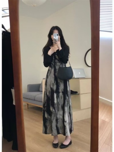 Designed ink tie-dye printed suspender dress women's new high-waist slim slimming temperament fashion long skirt