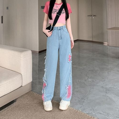 Real shot ~ black smudged butterfly embroidered jeans for women, summer sweet and cool hot girl straight wide leg pants trendy