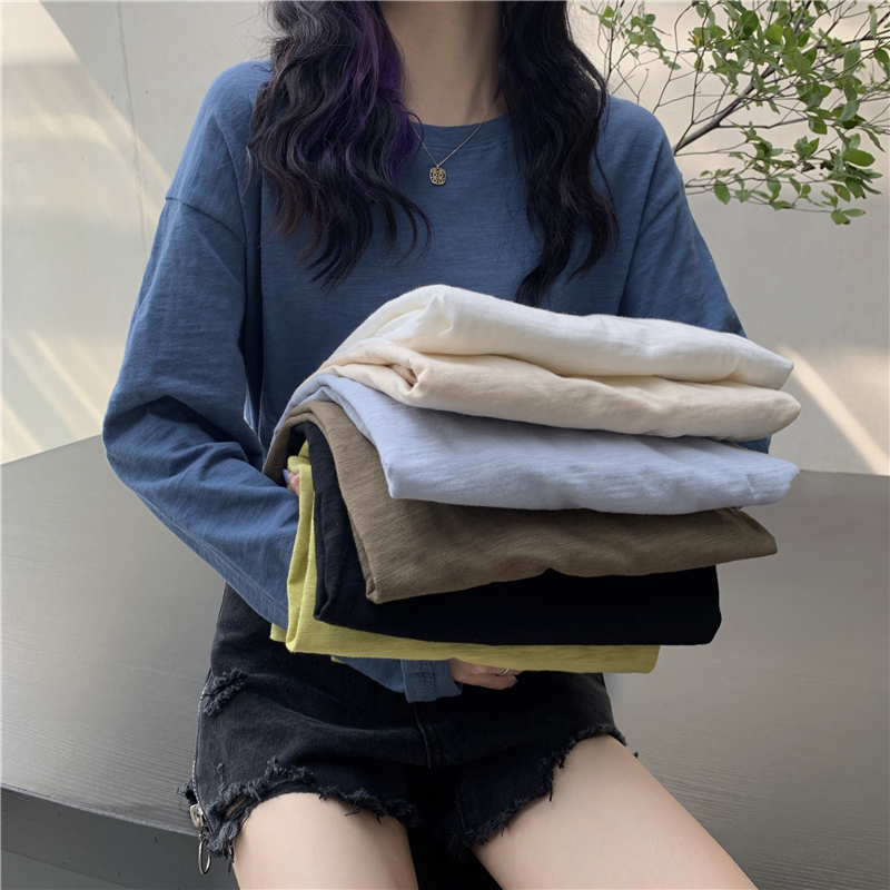 Real shot, real solid color clean version, loose, lazy and versatile long-sleeved bamboo cotton T-shirt top
