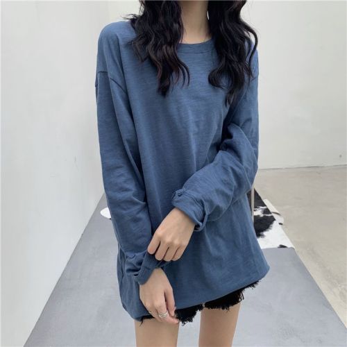 Real shot, real solid color clean version, loose, lazy and versatile long-sleeved bamboo cotton T-shirt top