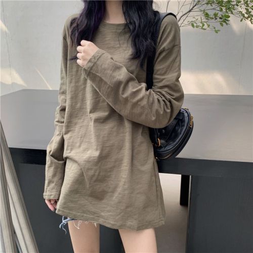 Real shot, real solid color clean version, loose, lazy and versatile long-sleeved bamboo cotton T-shirt top