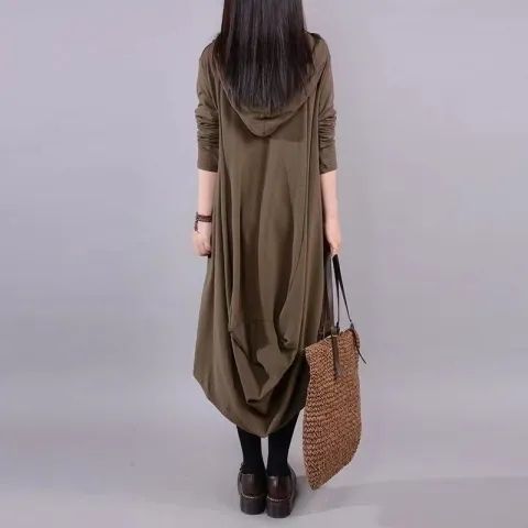 2024 Autumn New Plus Size Women's Loose Literary Long-Sleeve Large Pockets Knee-Length Cover-Belly Hooded Dress