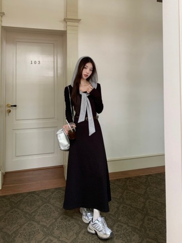 Real shot ~ New autumn style simple casual waist slimming contrast color long-sleeved hooded dress