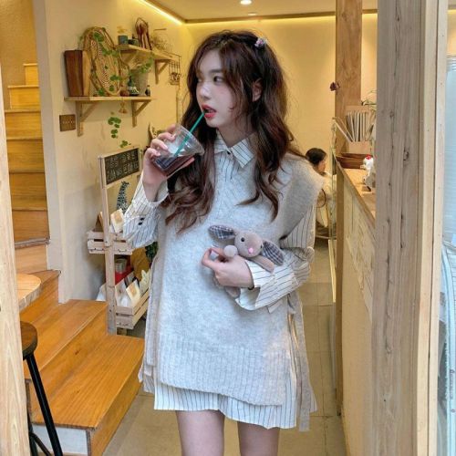 Autumn 2024 new style V-neck lace-up outer design knitted vest striped shirt fashionable two-piece suit for women