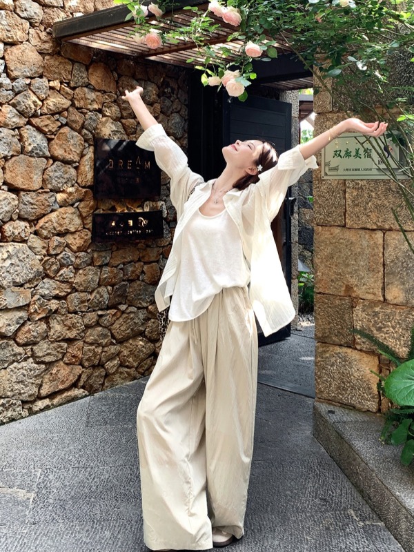 French loose temperament sun protection shirt vest top drapey straight Yamamoto wide leg pants suit