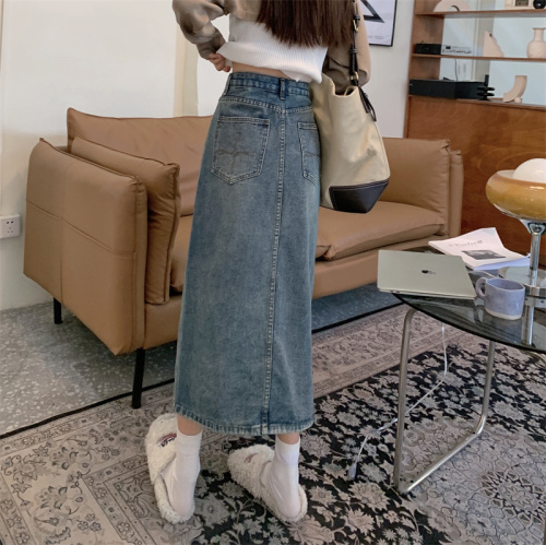 Denim Skirt Women's Mid-Length Skirt New Spring and Autumn Korean Style Retro High Waist A-Line Skirt