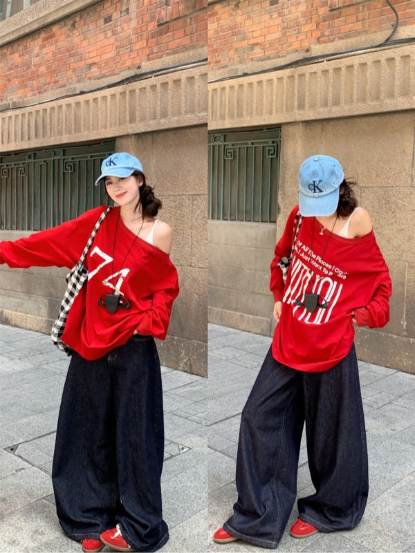 New reversible design, front and back printed loose off-shoulder pullover T-shirt sweatshirt