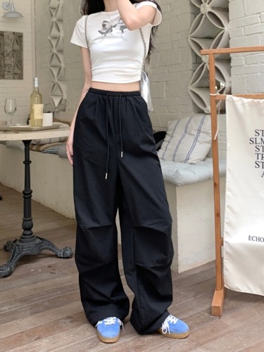 Solid color overalls American casual pants women's new style straight pants design wide leg pants long pants