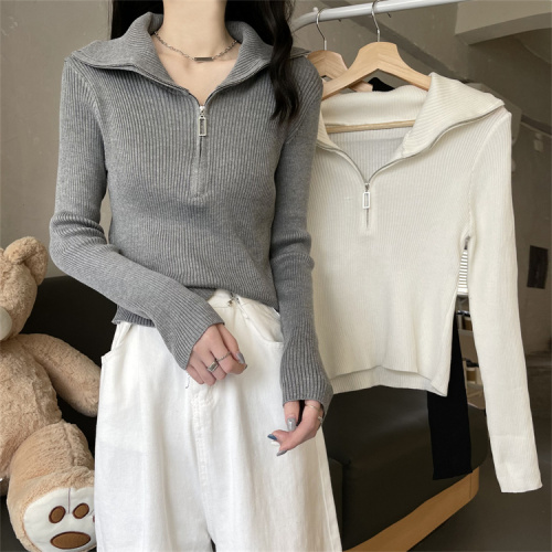 3 Long-sleeved polo shirt knitted cardigan for women spring and autumn  new style lapel short top