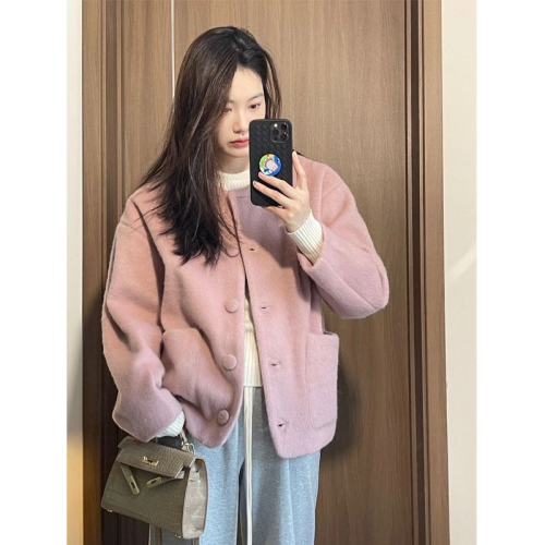 Korean simple casual versatile pink jacket 2024 autumn and winter new style lazy style gentle temperament niche tops for women