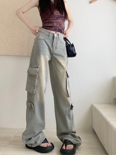 Actual shot ~ jeans for men and women, niche design, high waist zipper slit, straight wide leg trousers