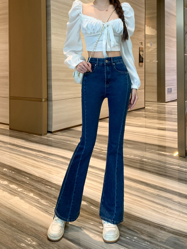 Actual shot of 2024 autumn new style spliced ​​high-waisted slim fit stretch micro-flare jeans for women floor-length trousers