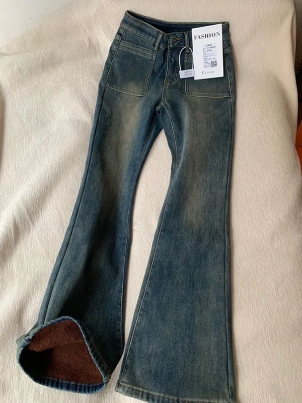 Velvet and thickened cement gray bootcut jeans for women, autumn and winter retro high-waist slim slimming trendy bell bottoms
