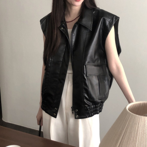 Korean chic autumn new retro versatile lapel zipper large pocket loose sleeveless PU leather vest jacket