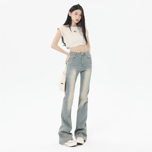 New visual design #Retro Cream Stretch Denim Flare Pants Regular & Extended