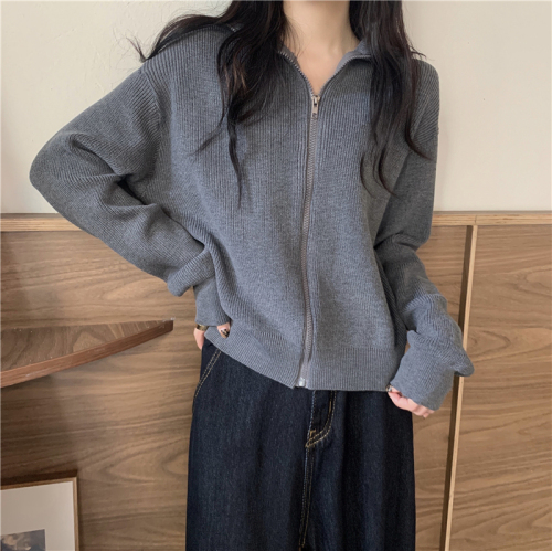 Real shot, real autumn and winter new turtleneck sweater, versatile loose zipper knitted cardigan jacket for women