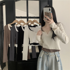 Real shot real autumn new V-neck fake two-piece long-sleeved T-shirt women's tops