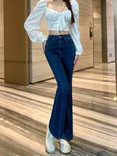 Actual shot of 2024 autumn new style spliced ​​high-waisted slim fit stretch micro-flare jeans for women floor-length trousers