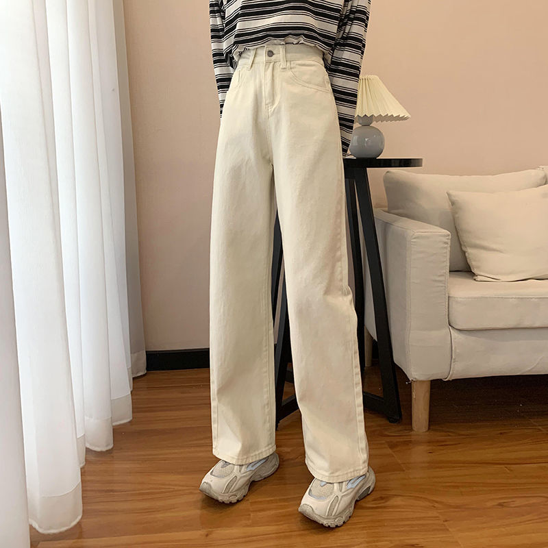 New Korean style retro white jeans for women, loose straight leg dad trousers, slim and versatile wide leg pants