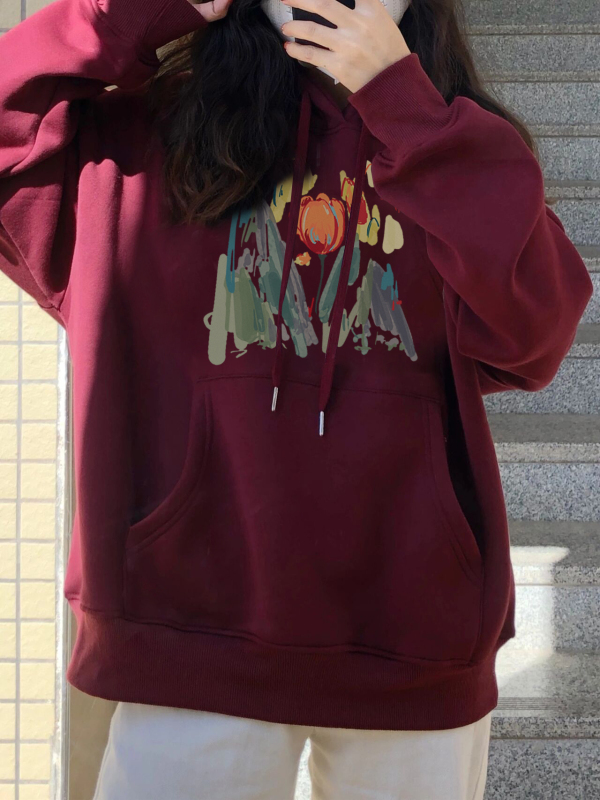 310g imitation cotton interwoven fabric, non-pilling, winter velvet sweatshirt for women with hooded print, double layer hood with back strip