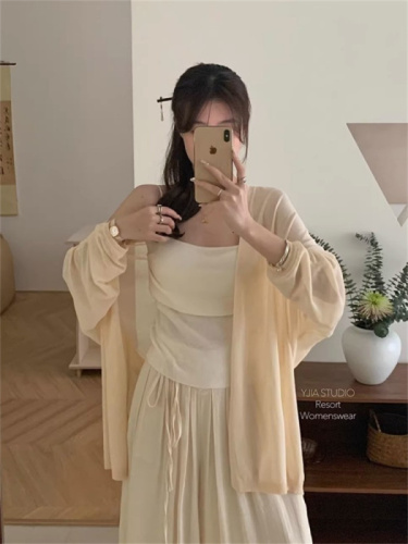 Gentle and lazy style, versatile ice silk sun protection top, summer long-sleeved loose outer knitted cardigan, mid-length shawl