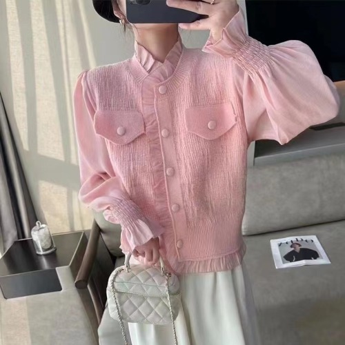 Women's spring French pink puff sleeve cardigan short sweet style sweater with design stitching and earrings