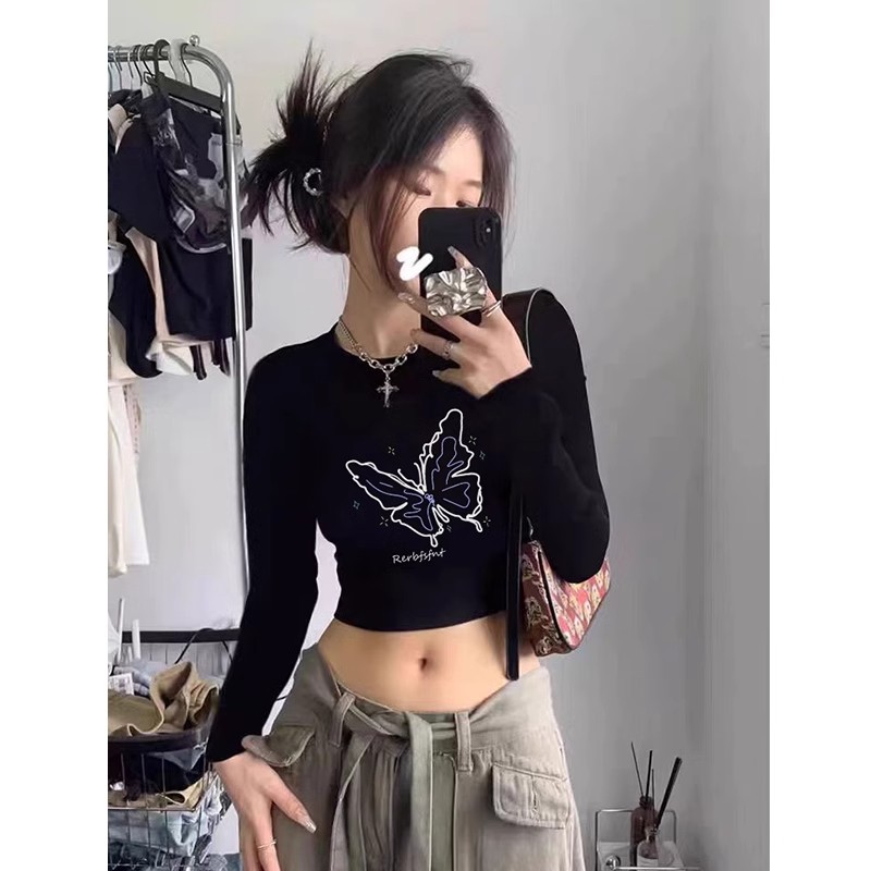 1*1 pure cotton high elastic cotton American sweet hottie long-sleeved T-shirt new slimming short top
